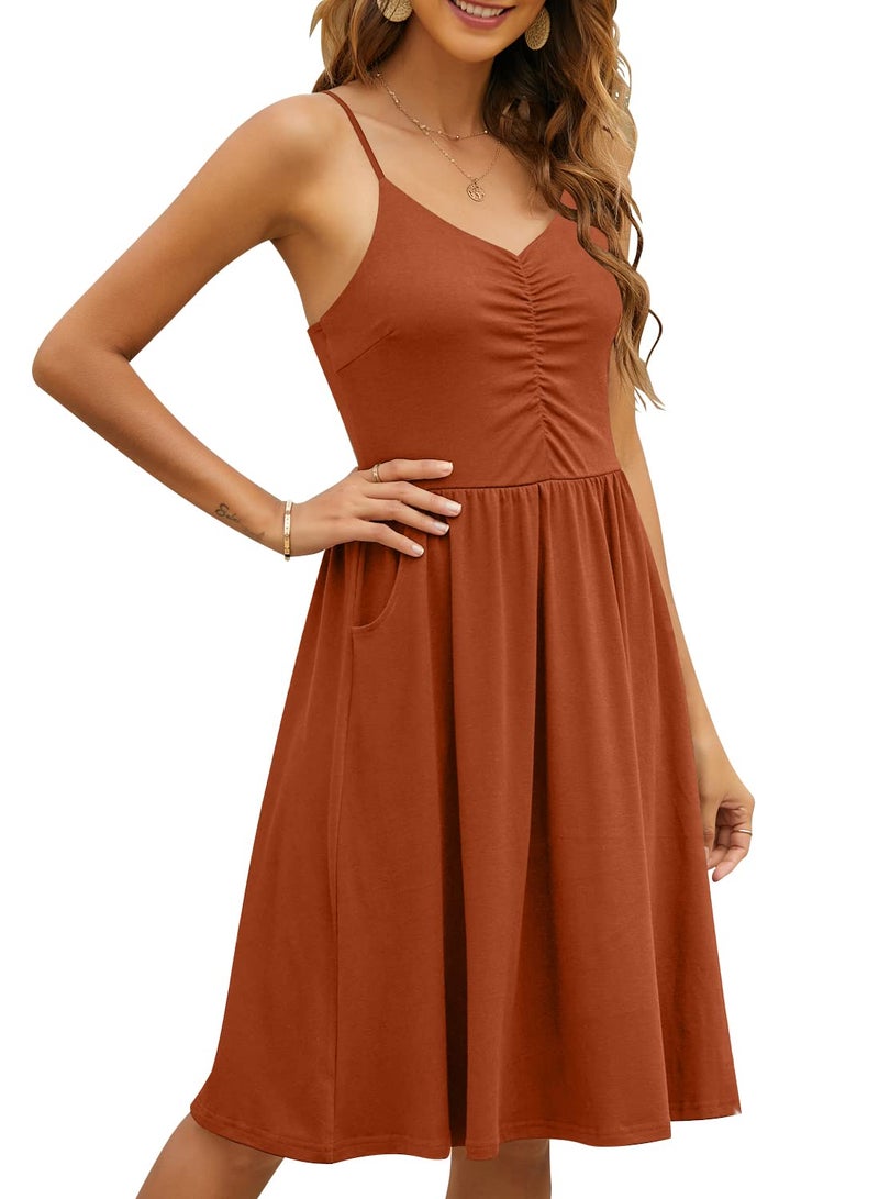 YATHON 2025 Casual Dresses for Women Sleeveless Cotton Summer Beach Dress A Line Spaghetti Strap Sundresses with Pockets (S, YT090-Brown) - Image 4